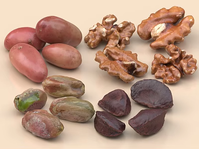 Display of Assorted Red Fruits Walnuts Green and Brown Beans as Healthy Snacks 3d model