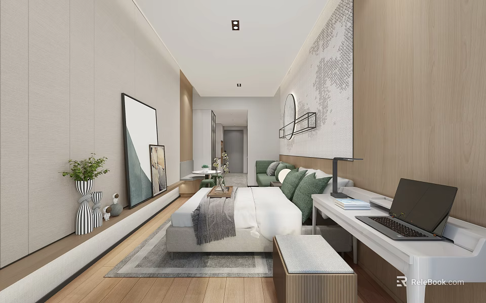 Modern Minimalist Cozy Living And Dining Room With Natural Wood Finishes And Comfortable Soft Furnishings 3d model 