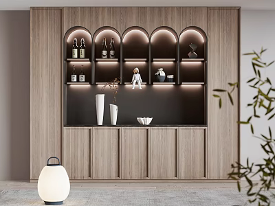 Modern Wooden Wine Cabinet With Arched Display Shelves And Lighting Decorative Design 3d model