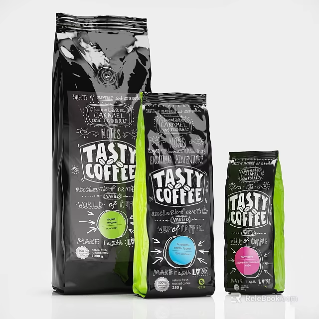 Tasty Coffee Arabica Beans In Various Different Size Packaging Bags 3d model 