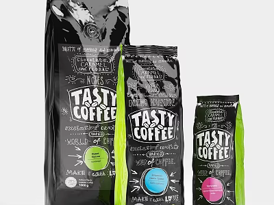 Tasty Coffee Arabica Beans In Various Different Size Packaging Bags 3d model