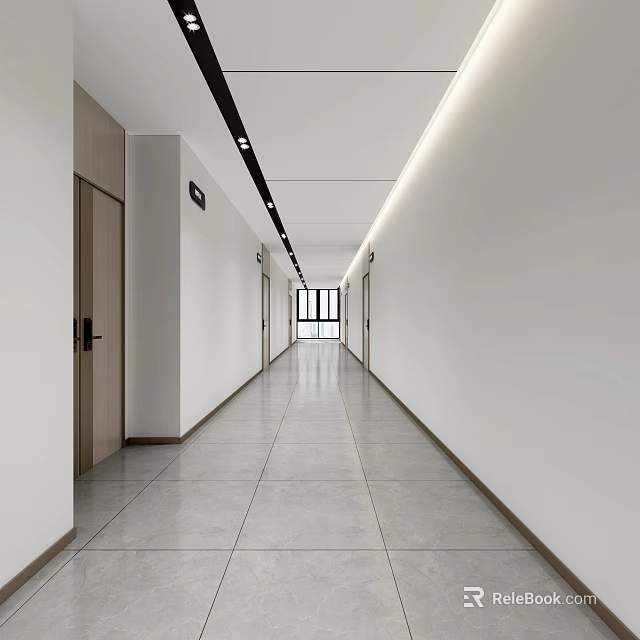 Office Corridor With White Walls Gray Tiled Floor Doors On Both Sides And Ceiling Lighting 3d model 