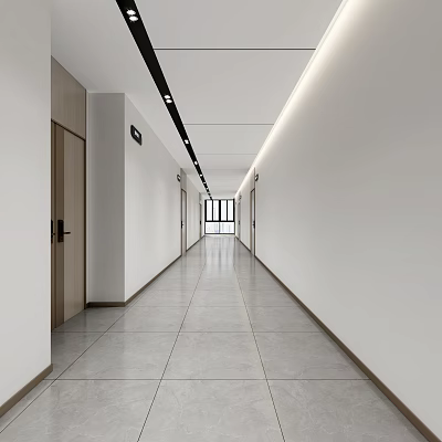 Office Corridor With White Walls Gray Tiled Floor Doors On Both Sides And Ceiling Lighting 3d model