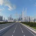 Modern Industrial Complex With Tall Chimneys Pipes Road And Greenery Under Blue Sky