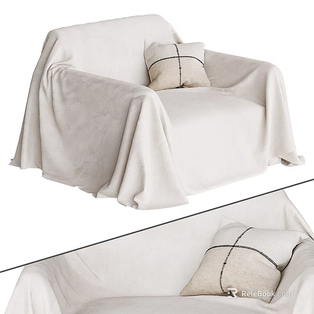 Cozy Beige Linen Armchair Covered With Soft Blanket And Decorative Pillow 3d model 