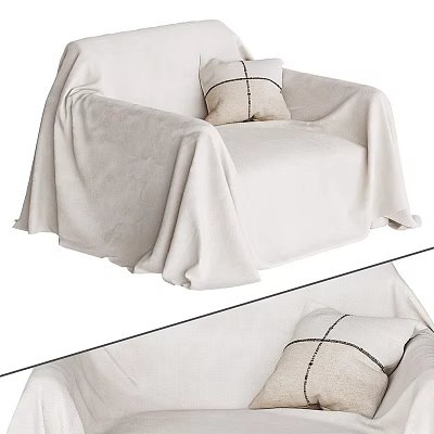 Cozy Beige Linen Armchair Covered With Soft Blanket And Decorative Pillow 3d model