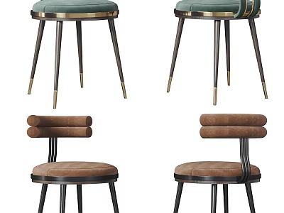 Modern Velvet Leisure Chairs in Green and Brown with Metal Legs and Comfortable Seats 3d model