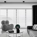 Modern Living and Dining Room Interior With White Sofa Round Rug and Marble TV Wall