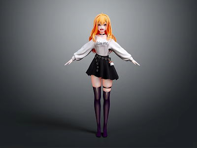 Anime Style Game Movie Character With Orange Hair White Top Black Skirt And Purple Shoes 3d model