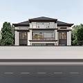 Modern Detached Villa Exterior With Dark Roof Light Walls Front Door And Green Trees