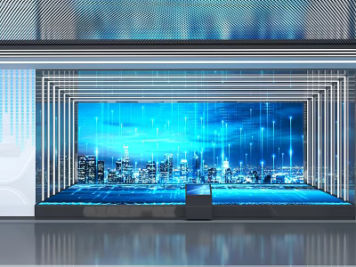 Futuristic Urban Digital Display With Large Screen City Skyline And Network Lines 3d model