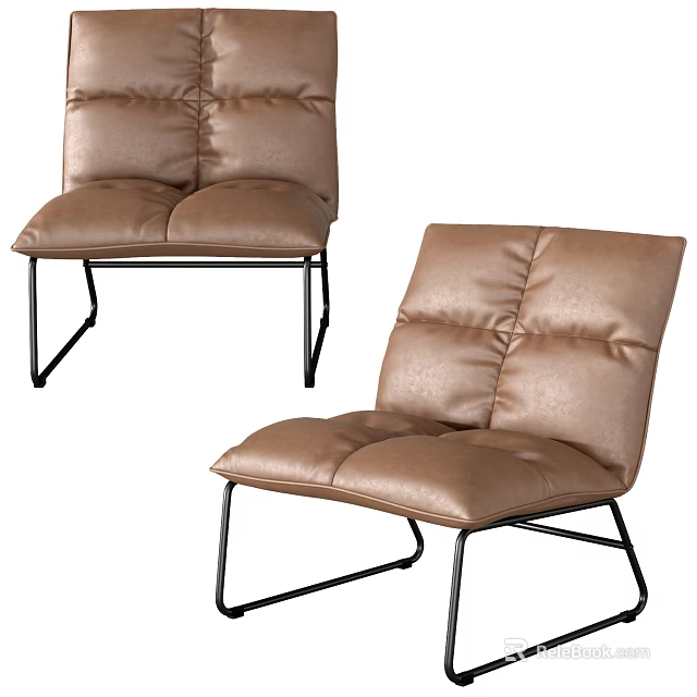 Comfortable Brown Leather Leisure Chair With Quilted Design And Black Metal Legs 3d model 