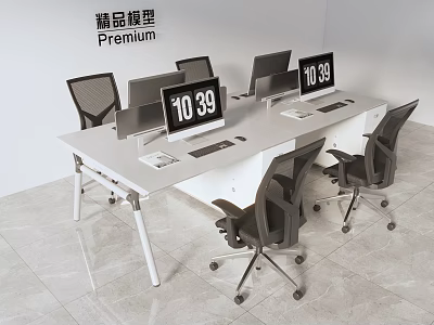 Modern White Office Desk with Computer Monitors and Black Mesh Chairs 3d model
