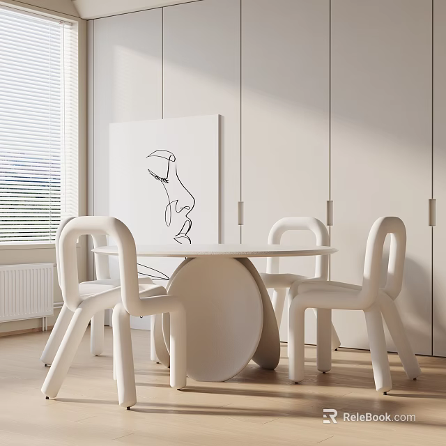 Modern Dining Table Set With Round Table White Chairs Light Wood Floor And Natural Light 3d model 