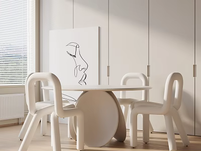 Modern Dining Table Set With Round Table White Chairs Light Wood Floor And Natural Light 3d model
