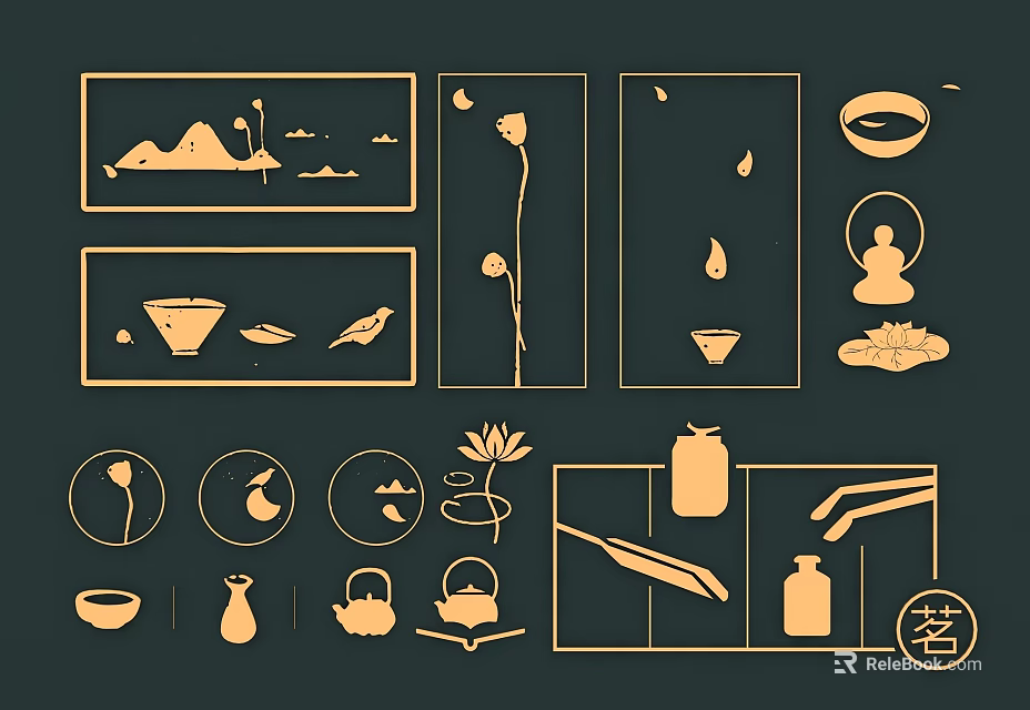 Chinese Zen Style Wall Decor With Landscape Lotus Tea Sets And Minimalist Line Patterns 3d model 