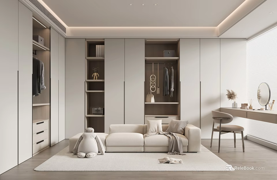 Modern Walk In Closet Interior With Sofa And Wardrobe Storage 3d model 