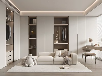 Modern Walk In Closet Interior With Sofa And Wardrobe Storage 3d model
