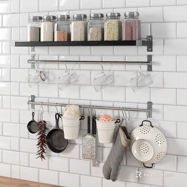 Organized Kitchen Utensils Display With Shelf Jars Hanging Mugs Pans And Colander 3d model 
