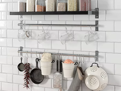 Organized Kitchen Utensils Display With Shelf Jars Hanging Mugs Pans And Colander 3d model