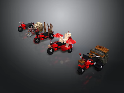 Different Styles of Red Black Motorcycle and Tricycle LEGO Models 3d model