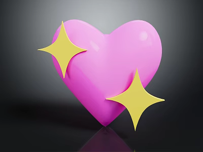 3D Shiny Pink Heart With Yellow Stars On Dark Background 3d model