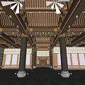 Traditional Chinese Architectural Hall Interior With Wooden Ceiling And Columns 3d model