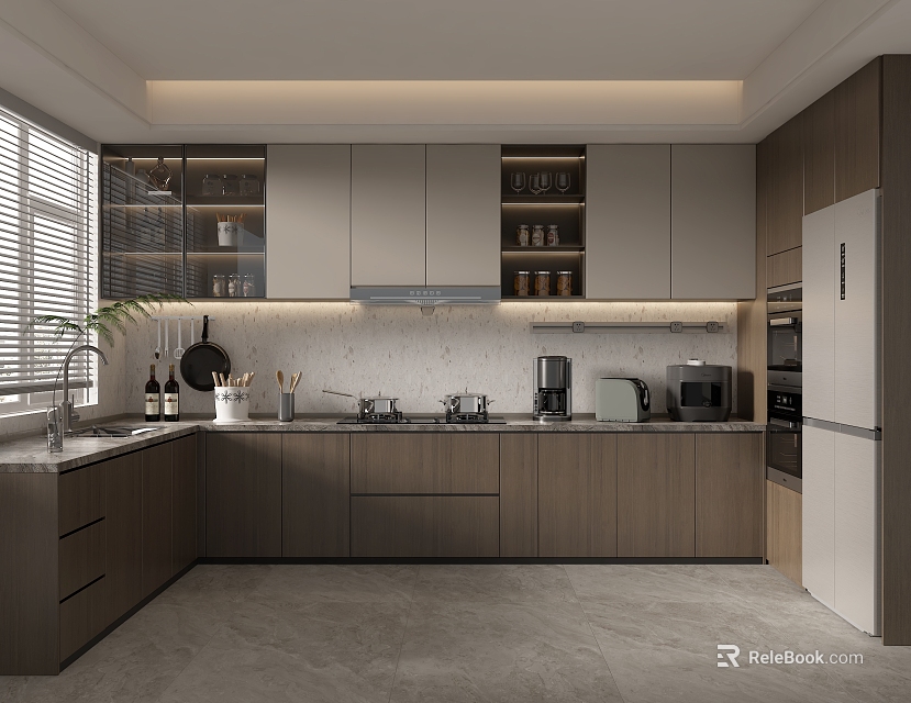 Modern Kitchen Interior Design With Stylish Cabinets Countertop And Appliances 3d model 