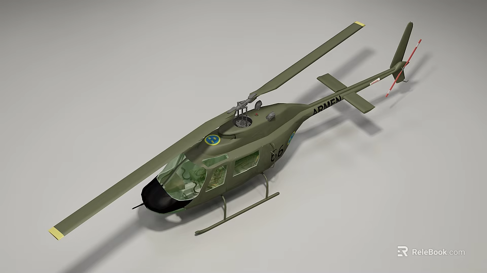 Military Green Helicopter With Rotor Blades Cockpit And Landing Skids 3d model 