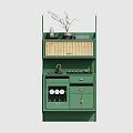 Modern Green Entryway Side Cabinet With Calligraphy Panel Shelf Drawers And Glass Doors