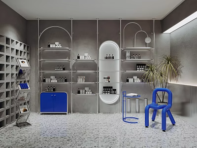 Modern Display Shelves with Blue Cabinet White Shelving Circular Mirror and Blue Chair 3d model