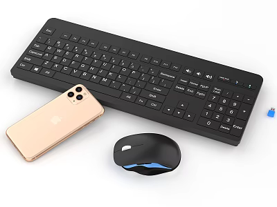 Black Wireless Computer Keyboard Mouse With Golden Mobile Phone And USB 3d model