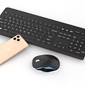 Black Wireless Computer Keyboard Mouse With Golden Mobile Phone And USB 3d model