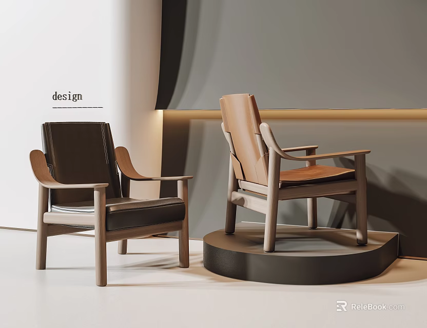 Modern Leisure Chairs with Leather Upholstery and Wooden Frame in Minimalist Setting with Curved Accents 3d model 