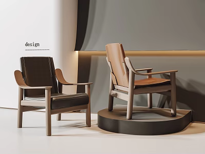 Modern Leisure Chairs with Leather Upholstery and Wooden Frame in Minimalist Setting with Curved Accents 3d model