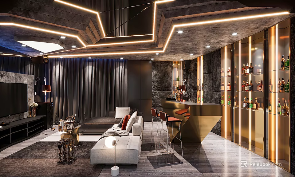 Modern Luxury Living Room Interior Design With Lighting Strips Sofa Bar Counter And Wine Cabinet 3d model 