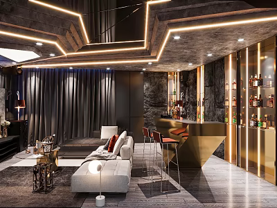 Modern Luxury Living Room Interior Design With Lighting Strips Sofa Bar Counter And Wine Cabinet 3d model