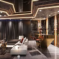 Modern Luxury Living Room Interior Design With Lighting Strips Sofa Bar Counter And Wine Cabinet