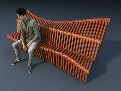 Red Curved Slatted Wooden Outdoor Chair with Modern Design and Comfortable Seating 3d model