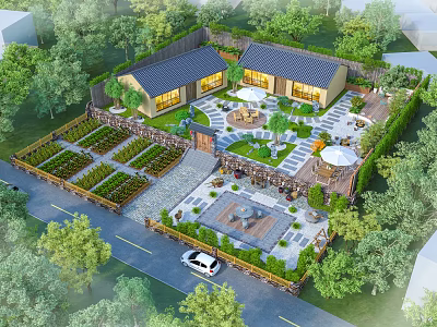Traditional Guesthouse Building with Gabled Roof Vegetable Garden and Patio Surrounded by Trees 3d model