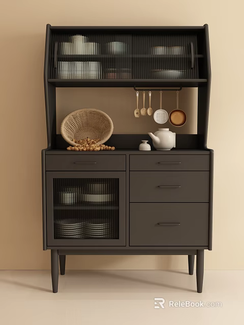 Black Sideboard With Mesh Cabinet Doors Drawers Open Shelf And Hanging Utensils 3d model 