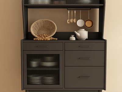 Black Sideboard With Mesh Cabinet Doors Drawers Open Shelf And Hanging Utensils 3d model