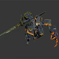 Blue Yellow And Orange Cybernetic Robot Character With Sharp Weapon And Mechanical Limbs