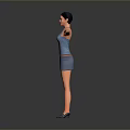 Young Woman in Blue Tank Top and Skirt with Arms Outstretched Against Gray Background