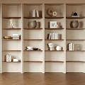 Modern Bookshelf Interior Design With Wooden Shelves Books Ceramic Vases And Decorative Sculptures