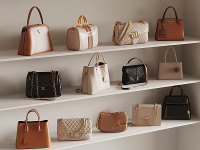 Fashionable Handbags Collection Arranged On White Shelves With Various Styles And Colors 3d model