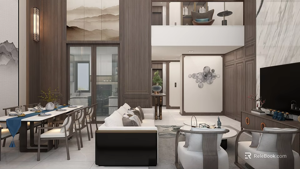 Elegant New Chinese Style Open Plan Living And Dining Room With High Ceiling Wooden Decoration 3d model 
