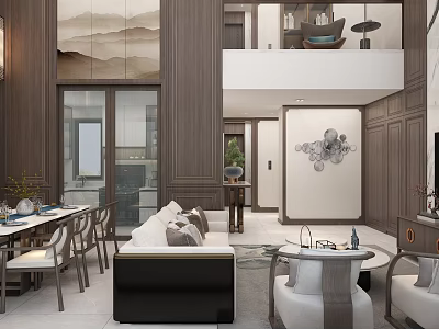 Elegant New Chinese Style Open Plan Living And Dining Room With High Ceiling Wooden Decoration 3d model