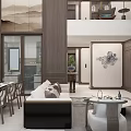 Elegant New Chinese Style Open Plan Living And Dining Room With High Ceiling Wooden Decoration