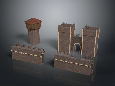 Ancient Castle Architecture With Red Roof Stone Tower City Wall And Archway 3d model